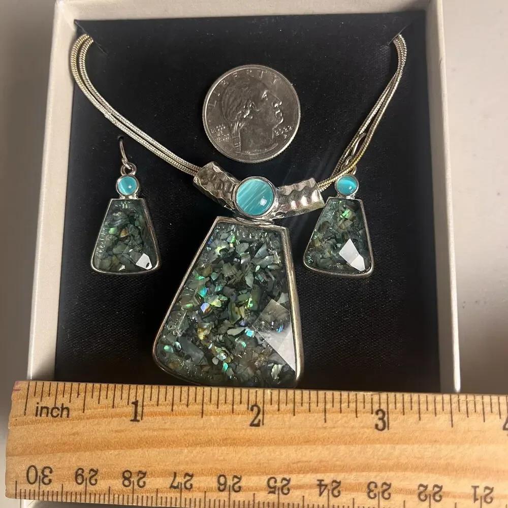 Faux Abalone Mosaic Turquoise Necklace Earring Set Silver Tone Western Costume
